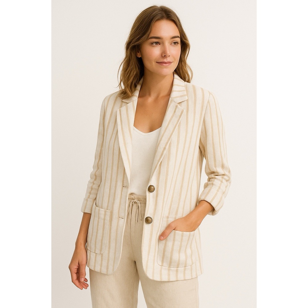 Garnet Hill Linen Blazer Jacket‎ Womens Medium White Beige Stripe Coastal